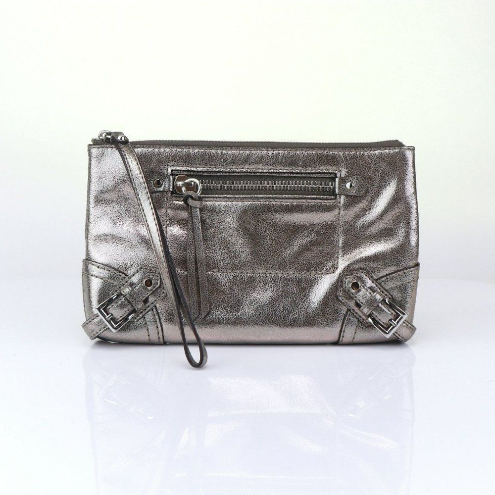 NWT Michael Kors Fallon Large Leather Zip Clutch Bag Nickel $178